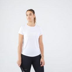 Koszulka tenisowa z okrągłym dekoltem damska Artengo Dry Essential 100. Białe koszulki sportowe damskie ARTENGO, l, bez wzorów, z materiału, bez kołnierzyka, bez ramiączek, tenisowe. Za 39.99 zł.