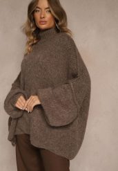 Jasnobrązowy Golf Oversize z Wełną z Opadającą Linią Ramion Lilirea. Brązowe swetry damskie Renee, bez wzorów, z jeansu, eleganckie, bez kołnierzyka, bez ramiączek, bez kaptura. Za 169.99 zł.