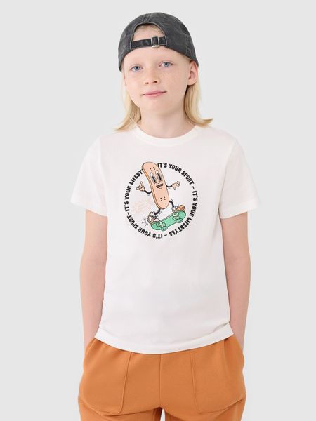 4F T-shirt regular z nadrukiem chłopięcy - biały 122 (6-7 lat). Białe t-shirty dla chłopców 4f, bez wzorów, z bawełny, bez ramiączek. Za 39.99 zł.