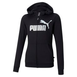 Dziewczęca bluza z kapturem Puma ESS+ Logo Full-Zip TR G. Czarne bluzy dla dziewczynek Puma, bez wzorów, bez ramiączek, z kapturem. Za 234.50 zł.