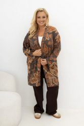 Sweterkowy kardigan Slow Moments brązowy w rdzawy print kwiatowy Plus Size Oversize. Brązowe kardigany damskie Moda Size Plus Iwanek, l, bez wzorów, z dzianiny, eleganckie, długie. Za 179.90 zł.