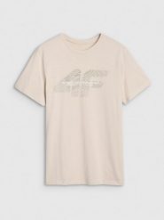 4F T-shirt regular z nadrukiem męski - beżowy L. Brązowe koszulki sportowe męskie 4f, l, bez wzorów, z bawełny, klasyczne, bez kołnierzyka. Za 59.99 zł.