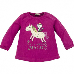 Koszulka "Magic" w kolorze fioletowym. Fioletowe bluzki dla dziewczynek Bondi, z aplikacjami, z okrągłym kołnierzem, z długim rękawem. W wyprzedaży za 49.95 zł.