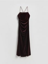 Sukienka maxi z drapowaniem - brązowy. Brązowe sukienki damskie Reserved, na co dzień, l, bez wzorów, z dzianiny, bez kołnierzyka, bez ramiączek, maxi, proste. Za 179.99 zł.