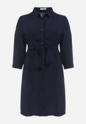 Granatowa Rozkloszowana Mini Sukienka Zapinana na Guziki z Materiałowym Paskiem Vleco. Niebieskie sukienki damskie Born2be, l, bez wzorów, z materiału, bez kołnierzyka, plus size, bez ramiączek, mini, koszulowe. Za 79.99 zł.