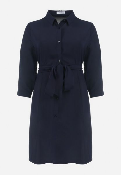 Granatowa Rozkloszowana Mini Sukienka Zapinana na Guziki z Materiałowym Paskiem Vleco. Niebieskie sukienki damskie Born2be, l, bez wzorów, z materiału, bez kołnierzyka, plus size, bez ramiączek, mini, koszulowe. Za 79.99 zł.