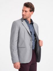 Klasyczna marynarka męska z kieszenią na poszetkę - szara V1 OM-BLZB-0115 - XXL. Szare marynarki męskie Ombre Clothing, bez wzorów, z poliesteru, klasyczne. Za 309.99 zł.