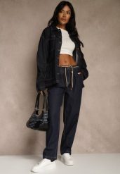 Niebieskie Szerokie Jeansy z Bawełny High Waist Ozdobione Sznurkiem Landa. Niebieskie jeansy damskie Renee, z podwyższonym stanem. Za 89.99 zł.