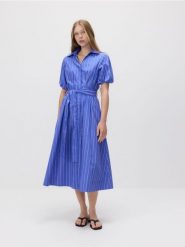 Sukienka maxi z wiązaniem - niebieski. Niebieskie sukienki damskie Reserved, l, bez wzorów, z bawełny, bez kołnierzyka, bez ramiączek, maxi, rozkloszowane. W wyprzedaży za 119.99 zł.