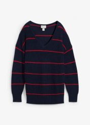 Sweter oversized. Niebieskie swetry damskie bonprix, bez wzorów, bez kołnierzyka, bez ramiączek, bez kaptura. Za 99.99 zł.
