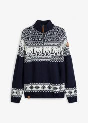 Sweter w norweski wzór ze stójką z zamkiem. Niebieskie swetry przez głowę męskie bonprix, m, bez wzorów, bez kołnierzyka. Za 114.99 zł.