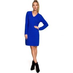 Swetrowa Sukienka z Warkoczowym Splotem - Szafirowa. Niebieskie sukienki damskie MOE, l, bez wzorów, z dzianiny, bez kołnierzyka, bez ramiączek. Za 254.90 zł.