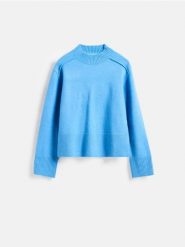 Sweter ze stójką - niebieski. Niebieskie swetry damskie Reserved, l, bez wzorów, z dzianiny, bez kołnierzyka, bez ramiączek, bez kaptura. Za 129.99 zł.