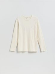 Longsleeve regular z włóknem bambusowym - złamana biel. Bluzki z długim rękawem męskie Reserved, l, bez wzorów, z dzianiny, bez kołnierzyka. Za 119.99 zł.