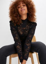 Dopasowany shirt z długim rękawem i koronką. Czarne bluzki damskie bonprix, bez wzorów, z koronki, bez kołnierzyka, bez ramiączek. Za 94.99 zł.