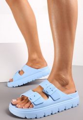 Granatowe Klapki z Regulowanymi Paskami na Platformie Idama. Niebieskie klapki damskie Renee, bez wzorów, eleganckie, bez obcasa, na platformie. Za 39.99 zł.