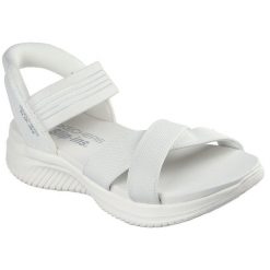 Sandały SKECHERS 119975S Biały. Białe sandały damskie Skechers, bez wzorów, z materiału, bez obcasa, bez zapięcia. Za 297.99 zł.