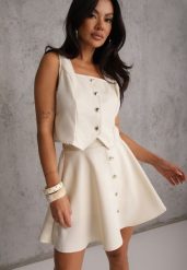 Jasnobeżowy Komplet z Kamizelką i Rozkloszowaną Spódnicą z Eleganckimi Guzikami Jenane. Brązowe spódniczki dla dziewczynek Renee, bez wzorów. Za 159.99 zł.