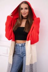 Sweter Kardigan z kapturem w pasy czerwony + beżowy + szary. Brązowe kardigany damskie KESI, l, bez wzorów, z jeansu, bez kołnierzyka, plus size, bez ramiączek, z kapturem. Za 209.08 zł.