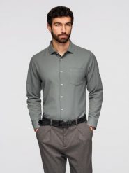 Koszula męska klasyczna regular fit - khaki V4 - Rozmiar: M. Brązowe koszule męskie Ombre Clothing, m, bez wzorów, z bawełny, biznesowe, bez kołnierzyka, bez ramiączek. Za 199.99 zł.