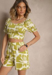 Zielony Wiskozowy Komplet w Roślinny Wzór Szorty i Bluzka Felindera. Zielone bluzki damskie Renee, l, bez wzorów, z wiskozy, eleganckie, bez kołnierzyka, bez ramiączek. Za 49.99 zł.
