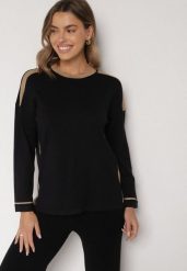 Czarny Sweter z Bawełną i Metaliczną Nicią Tusima. Czarne swetry damskie Born2be, l, bez wzorów, z bawełny, eleganckie, bez kołnierzyka, bez ramiączek, bez kaptura. Za 79.99 zł.