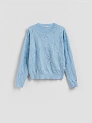 Sweter ze strukturalnym wzorem - jasnoniebieski. Niebieskie swetry damskie Reserved, l, bez wzorów, z dzianiny, bez kołnierzyka, bez ramiączek, bez kaptura. Za 119.99 zł.