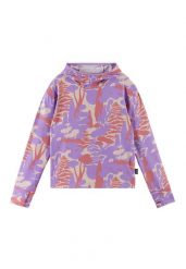 Bluza dziewczęca Reima Surista. Fioletowe bluzy dla dziewczynek Reima, z aplikacjami, z elastanu, bez ramiączek, z kapturem. Za 164.99 zł.