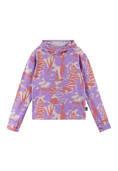 Bluza dziewczęca Reima Surista. Fioletowe bluzy dla dziewczynek Reima, z aplikacjami, z elastanu, bez ramiączek, z kapturem. Za 173.55 zł.
