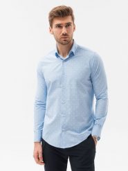 Koszula męska elegancka z długim rękawem - błękitna. Niebieskie koszule męskie Ombre Clothing, m, bez wzorów, z bawełny, biznesowe, bez kołnierzyka, bez ramiączek. W wyprzedaży za 39.99 zł.