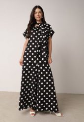 Czarny Komplet w Kropki Bluzka z Wiązaniem przy Dekolcie i Szerokie Spodnie Chrirla. Czarne bluzki damskie Born2be, m, bez wzorów. Za 139.99 zł.