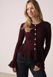 Bordowy Elegancki Kardigan z Wiskozy z Falbankami i Guzikami z Cyrkoniami Orsea. Czerwone kardigany damskie Born2be, z aplikacjami, z jeansu, eleganckie. Za 119.99 zł.