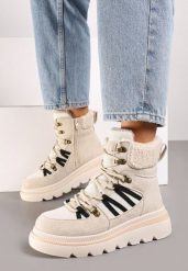 Beżowe Traperki na Grubej Podeszwie Ozdobione Futerkiem Linthira. Brązowe śniegowce i trapery damskie Born2be, z futra. Za 99.99 zł.