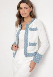 Biało-Niebieska Pudełkowa Marynarka Zdobiona Tłoczonymi Wstawkami Ransira. Białe żakiety damskie Born2be, z aplikacjami, z jeansu, eleganckie. Za 149.99 zł.
