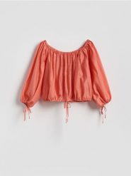 Bluzka z lyocellem - koralowy. Pomarańczowe bluzki damskie Reserved, l, bez wzorów, z lyocellu, bez kołnierzyka, bez ramiączek. Za 99.99 zł.