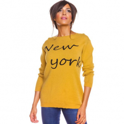 Sweter "New York" w kolorze musztardowym. Żółte swetry damskie So Cachemire, z kaszmiru, z dekoltem w łódkę. W wyprzedaży za 173.95 zł.