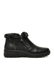 Rieker Botki CEO-L7172-00 Czarny. Czarne botki damskie Rieker, z materiału, bez obcasa, na płaskiej podeszwie, bez zapięcia. Za 319.99 zł.
