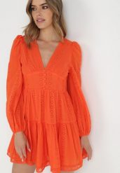 Pomarańczowa Sukienka Merirah. Brązowe sukienki damskie Born2be, m, z aplikacjami, z bawełny, bez kołnierzyka, bez ramiączek, mini, rozkloszowane. Za 169.99 zł.