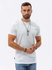 T-shirt męski bawełniany BASIC - biały. Białe t-shirty męskie Ombre Clothing, m, bez wzorów, z bawełny, klasyczne, bez kołnierzyka. Za 49.99 zł.