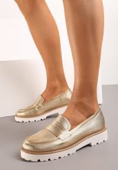 Złote Casualowe Mokasyny na Płaskiej Podeszwie z Ozdobnym Paskiem Apahida. Żółte mokasyny damskie Renee, z jeansu, eleganckie. Za 74.99 zł.