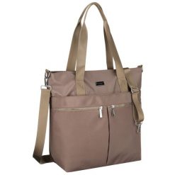 Jednokomorowa, beżowa shopperka damska zamykana suwakiem Peterson PTN CTY-19. Brązowe torebki do ręki damskie Peterson, bez wzorów, bez dodatków. Za 87.99 zł.