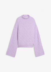 Sweter ze wzorem w warkocze. Fioletowe swetry damskie bonprix, bez wzorów, bez kołnierzyka, bez ramiączek, bez kaptura. Za 127.99 zł.