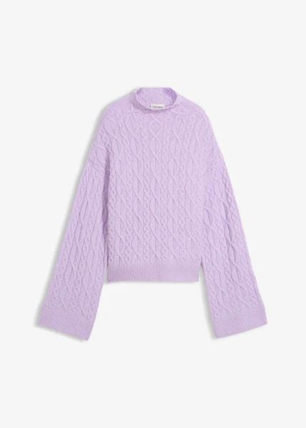 Sweter ze wzorem w warkocze. Fioletowe swetry damskie bonprix, bez wzorów, bez kołnierzyka, bez ramiączek, bez kaptura. Za 127.99 zł.