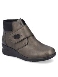 Rieker Botki L4884-90 Srebrny. Szare botki damskie Rieker, ze skóry, bez obcasa, na koturnie, bez zapięcia. Za 299.99 zł.