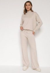 Jasnobeżowy Klasyczny Dzianinowy Komplet z Wiskozą Szerokie Spodnie i Sweter Półgolf Reillena. Brązowe spodnie materiałowe damskie Born2be, bez wzorów, z dzianiny, klasyczne, bez kołnierzyka, bez ramiączek, bez kaptura. Za 129.99 zł.