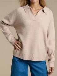Sweter z kołnierzykiem - beżowy. Brązowe swetry damskie Sinsay, l, bez wzorów, bez kołnierzyka, bez ramiączek, bez kaptura. Za 59.99 zł.
