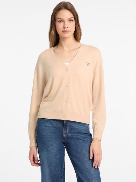 Guess Jeans Sweter 168521 Beżowy Classic Fit. Brązowe kardigany damskie Guess Jeans, s, z aplikacjami, z jeansu, bez kołnierzyka, bez ramiączek, bez kaptura. Za 213.99 zł.