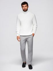 Spodnie męskie chino z ozdobną taśmą w pasie SLIM FIT – szare V6 - Rozmiar: M. Szare eleganckie spodnie męskie Ombre Clothing, m, bez wzorów, z bawełny, casualowe. Za 279.99 zł.