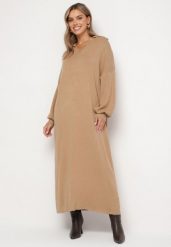 Ciemnobeżowa Pudełkowa Sukienka Sweterkowa z Wiskozą Szerokimi Rękawami i Kołnierzykiem Rinfera. Brązowe sukienki damskie Born2be, na co dzień, uniwersalny, bez wzorów, z dzianiny, eleganckie, bez kołnierzyka, bez ramiączek, proste. Za 79.99 zł.