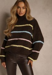 Brązowy Golf z Wełną w Paski Monallesa. Brązowe swetry damskie Renee, na jesień, bez wzorów, z jeansu, bez kołnierzyka, bez ramiączek, bez kaptura. Za 169.99 zł.